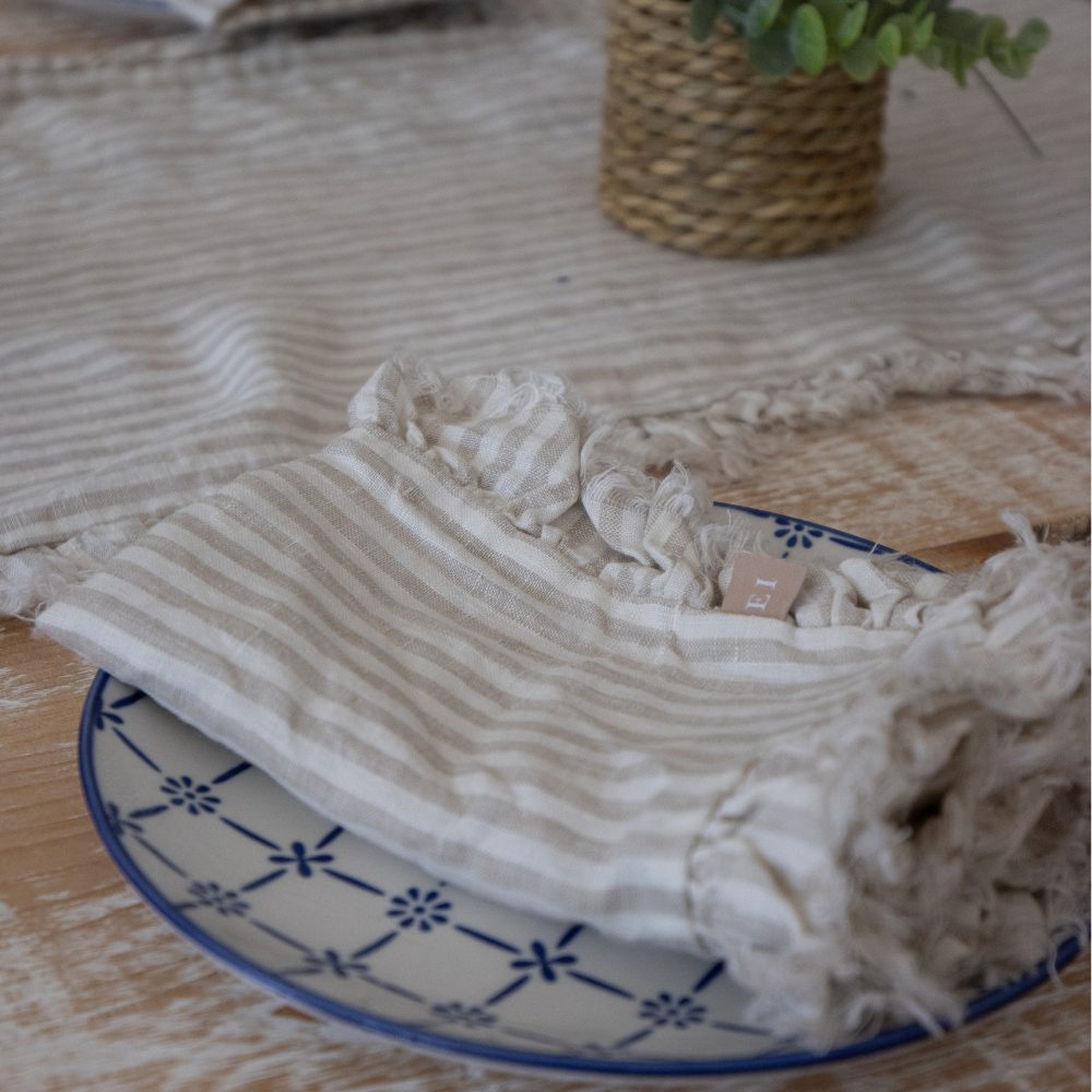 Natural Beige Stripe Ruffle Linen Napkins
