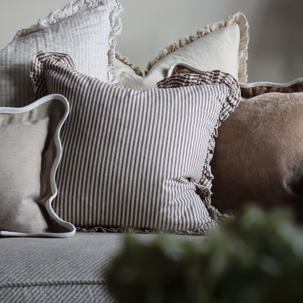 Darcy Dark Brown Stripe Ruffle Cushion 45x45
