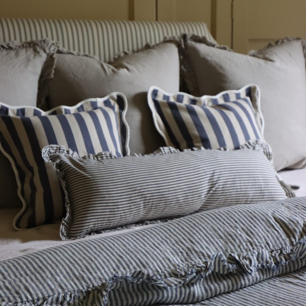 Darcy Navy Stripe Ruffle Bolster Cushion 80x30