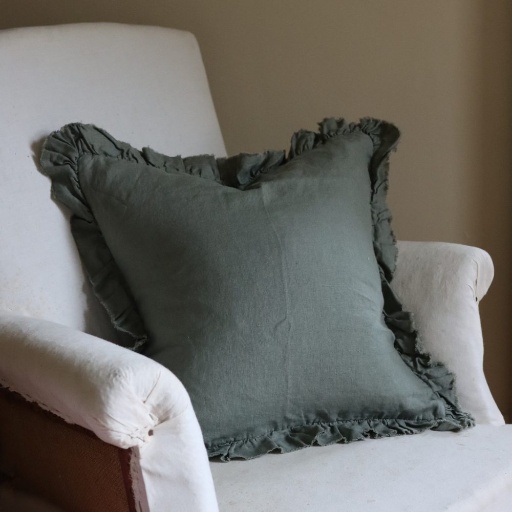 Hallie Khaki Green Ruffle Cushion 45x45