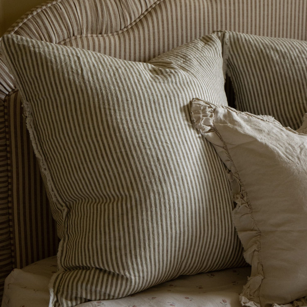 Esmee Olive Green Stripe Linen Cushion 65x65