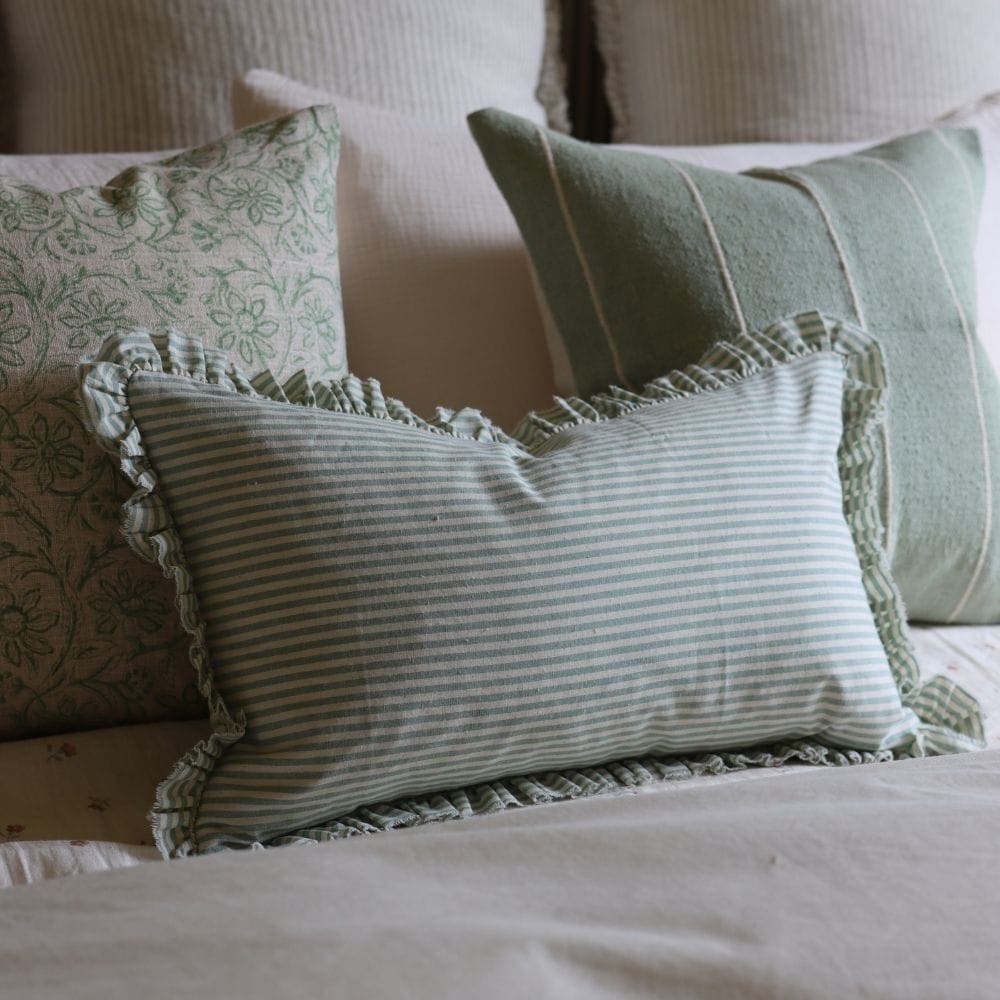 darcy sage green stripe ruffle cushion 50x30