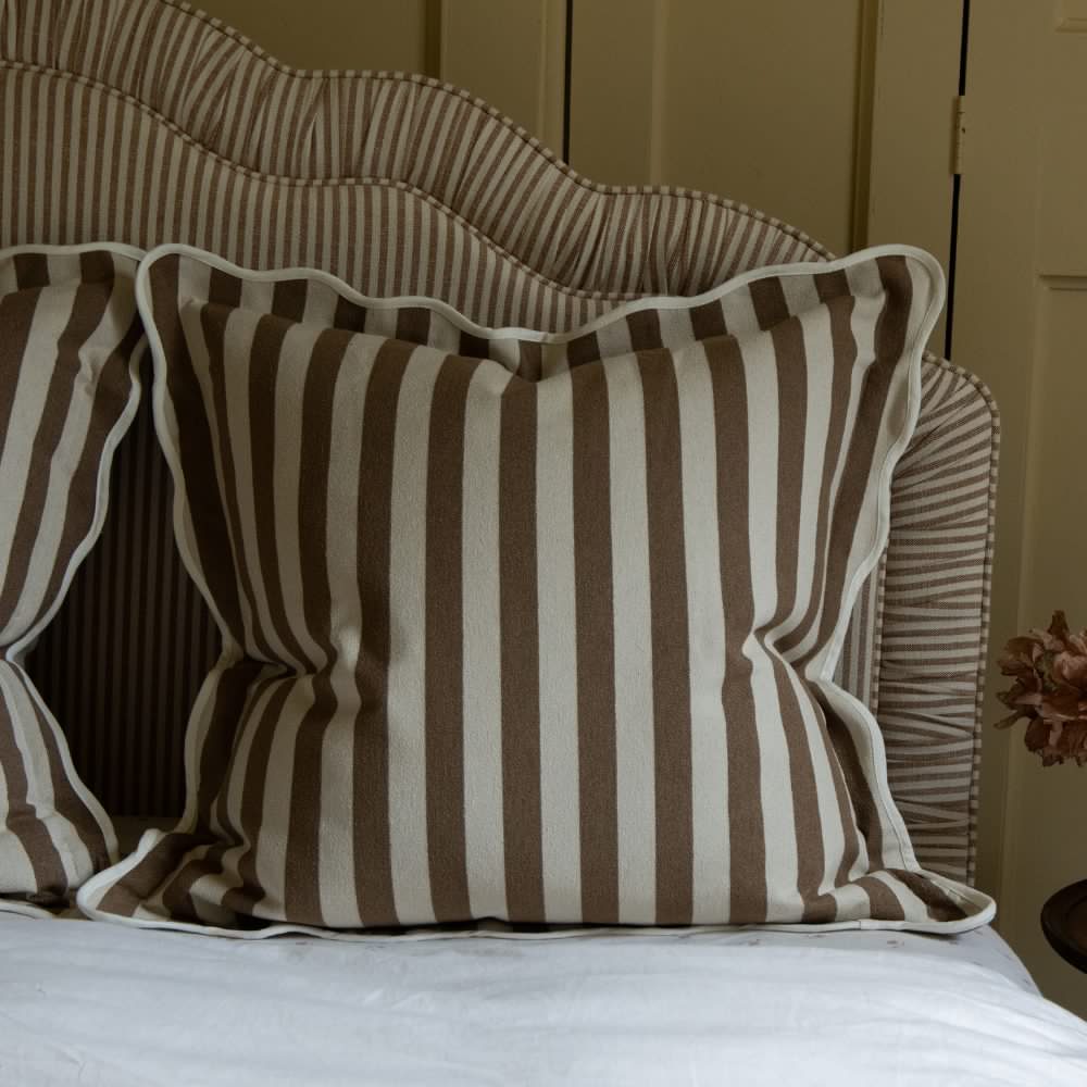 Chloe Brown Stripe Scalloped Edge Cushion 65x65