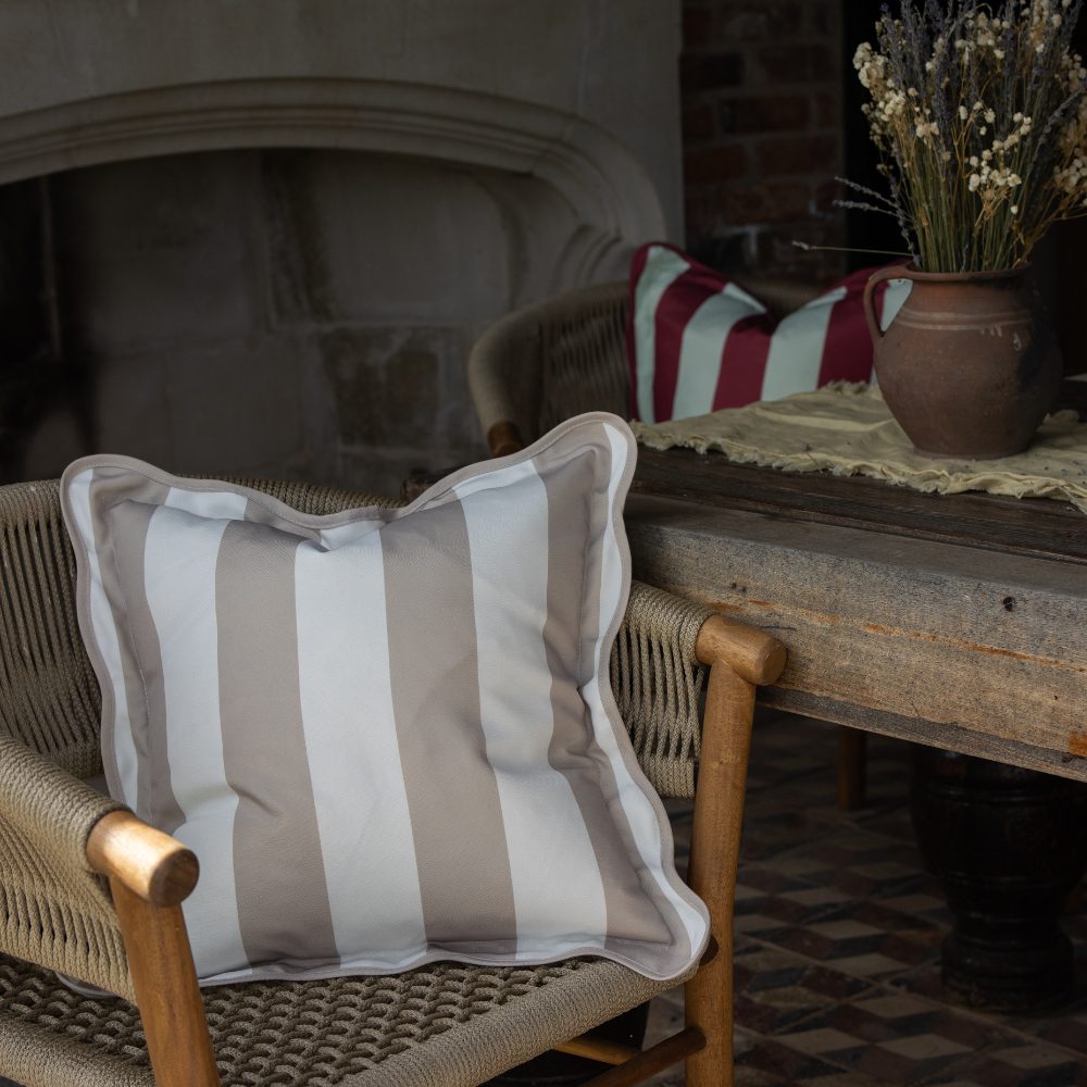 Outdoor Greige Stripe Scalloped Edge Cushion 45x45