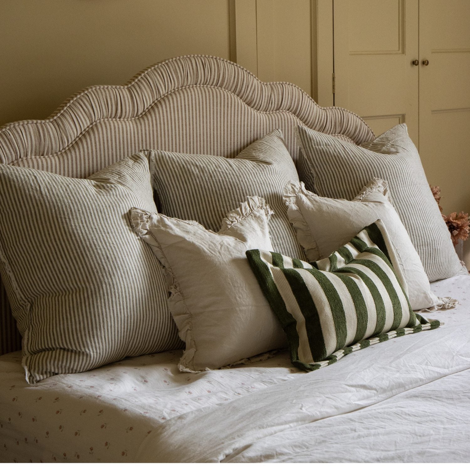 Esmee Olive Green Stripe Linen Cushion 65x65