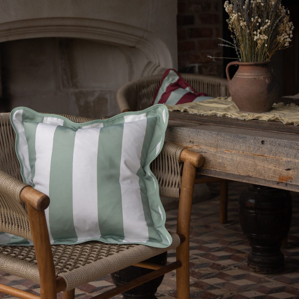 Outdoor Sage Stripe Scalloped Edge Cushion 45x45