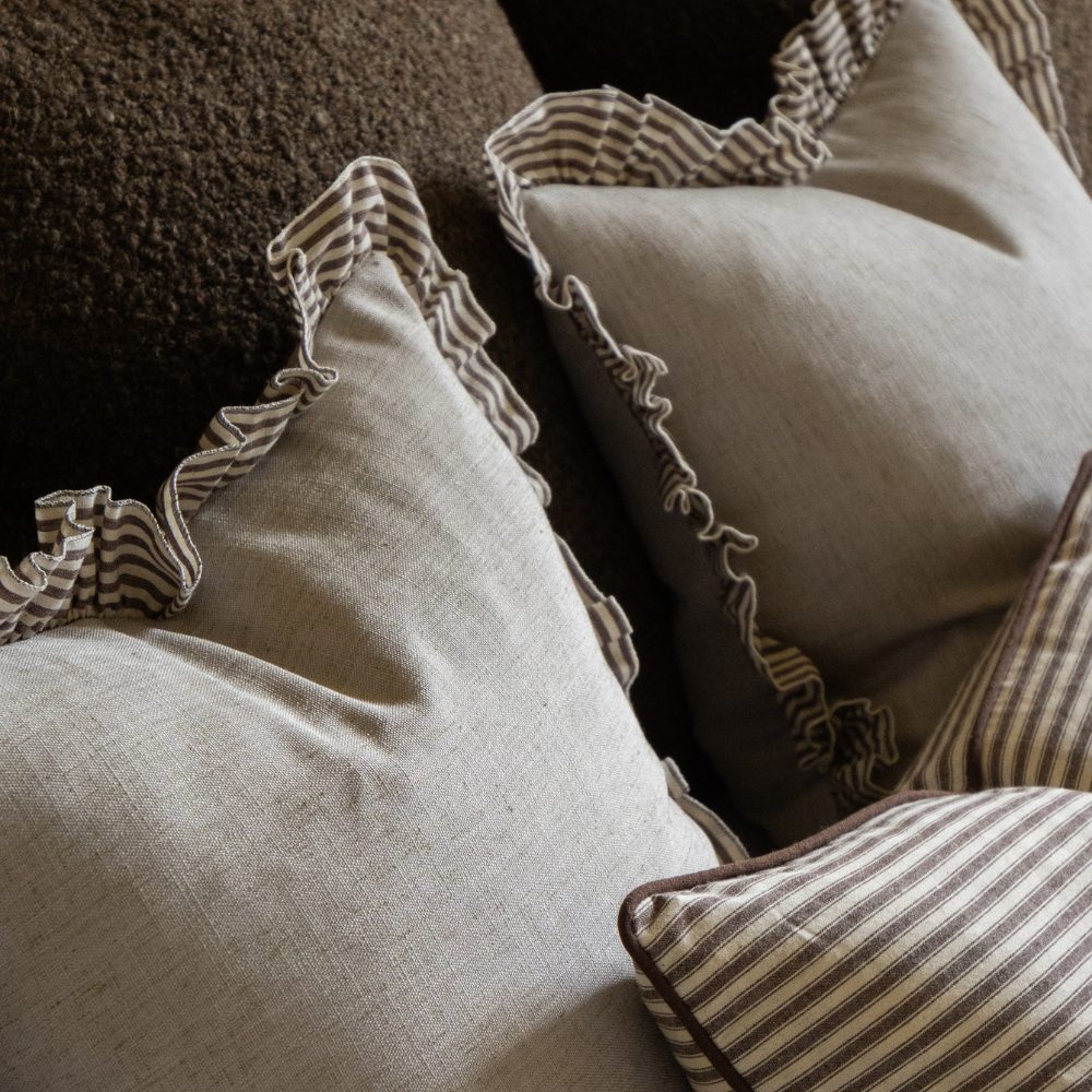 Bella Dark Brown Stripe Ruffle Edge Cushion 45x45
