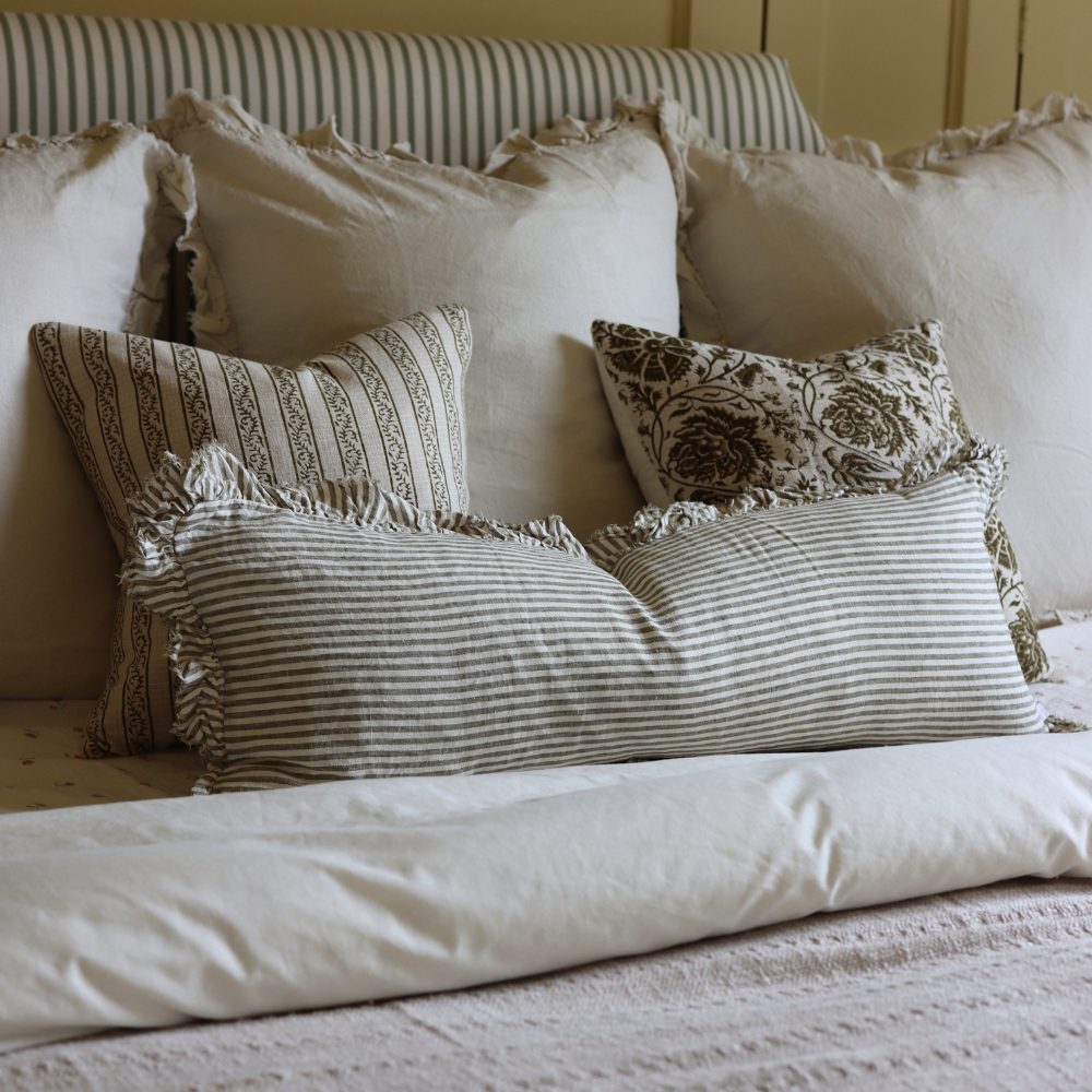 Hallie Olive Green Stripe Bolster Cushion 80x30