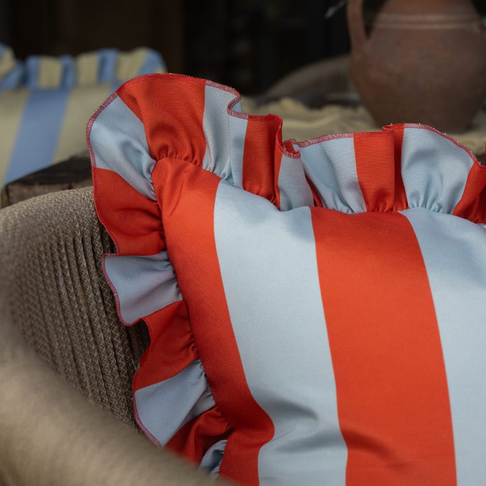 Outdoor Blue & Red Ruffle Edge Cushion 45x45