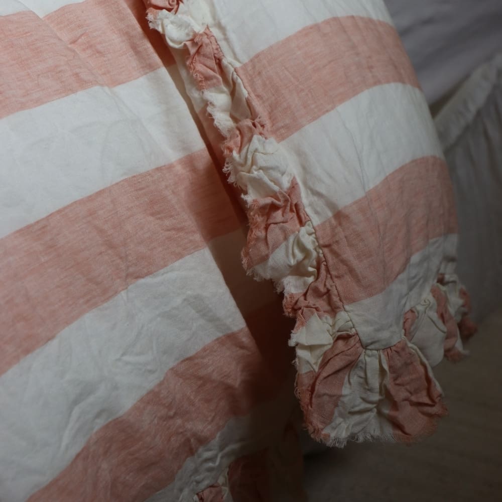 Luxury Pink Stripe Ruffle Linen Bedding Set