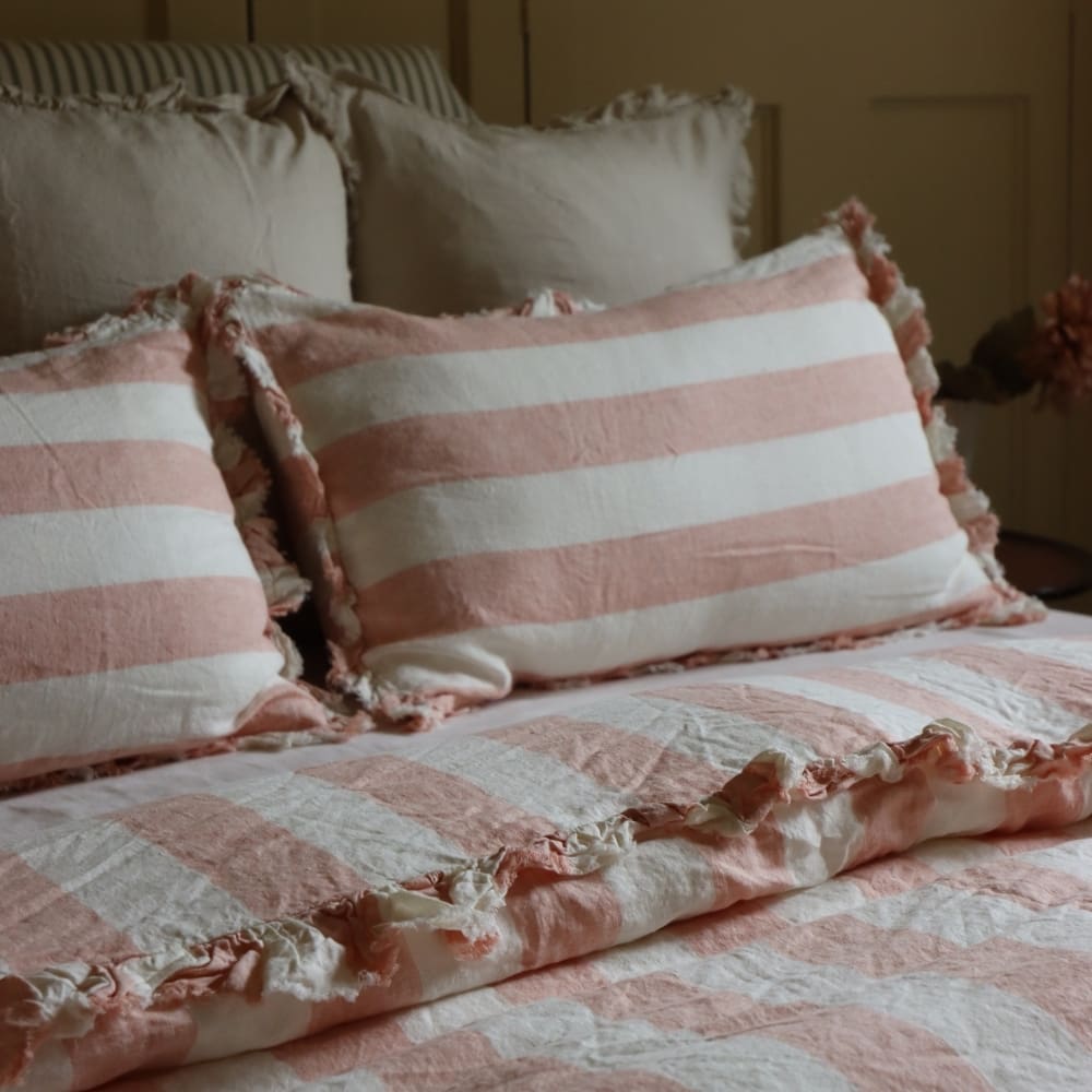 Luxury Pink Stripe Ruffle Linen Bedding Set