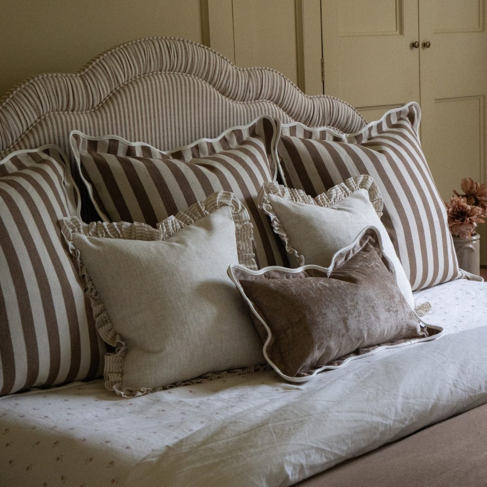 Bella Beige Stripe Ruffle Edge Cushion 45x45