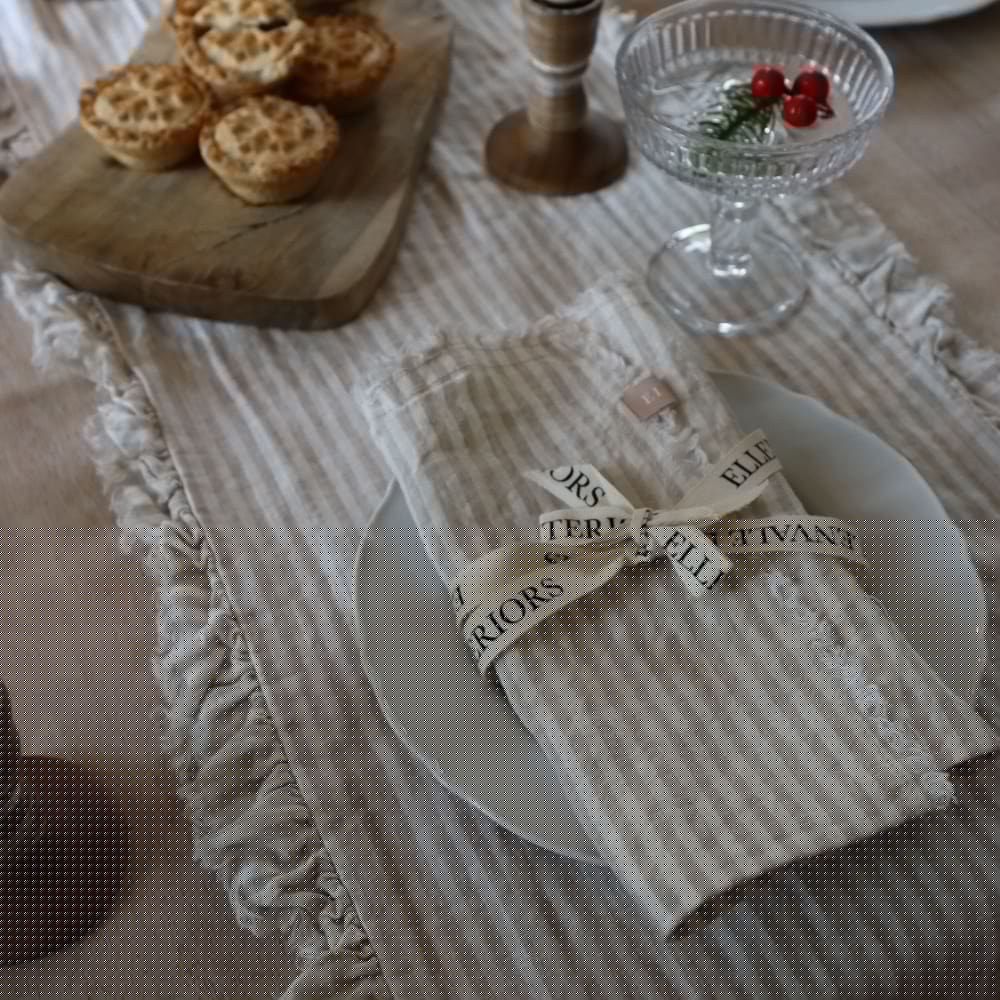 Natural Beige Stripe Ruffle Table Runner