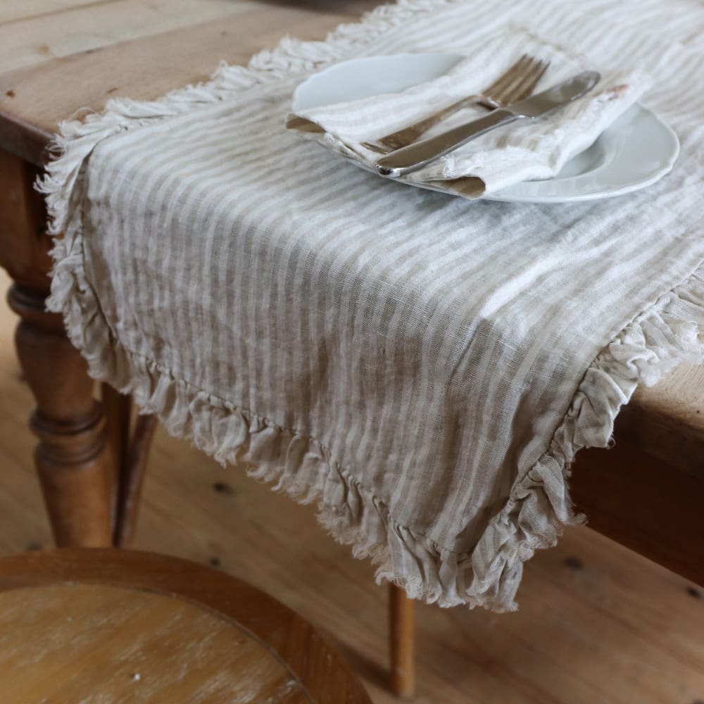 Natural Beige Stripe Ruffle Table Runner