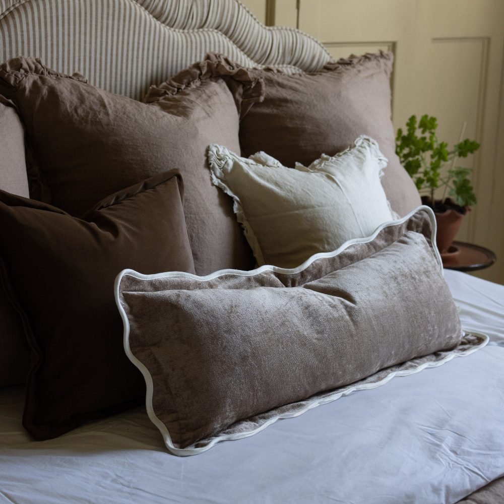 Chloe Coffee Brown Scalloped Edge Bolster Cushion 80x30