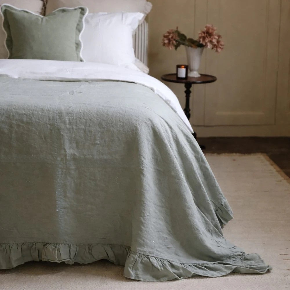 Sage Ruffle Linen Bedspread