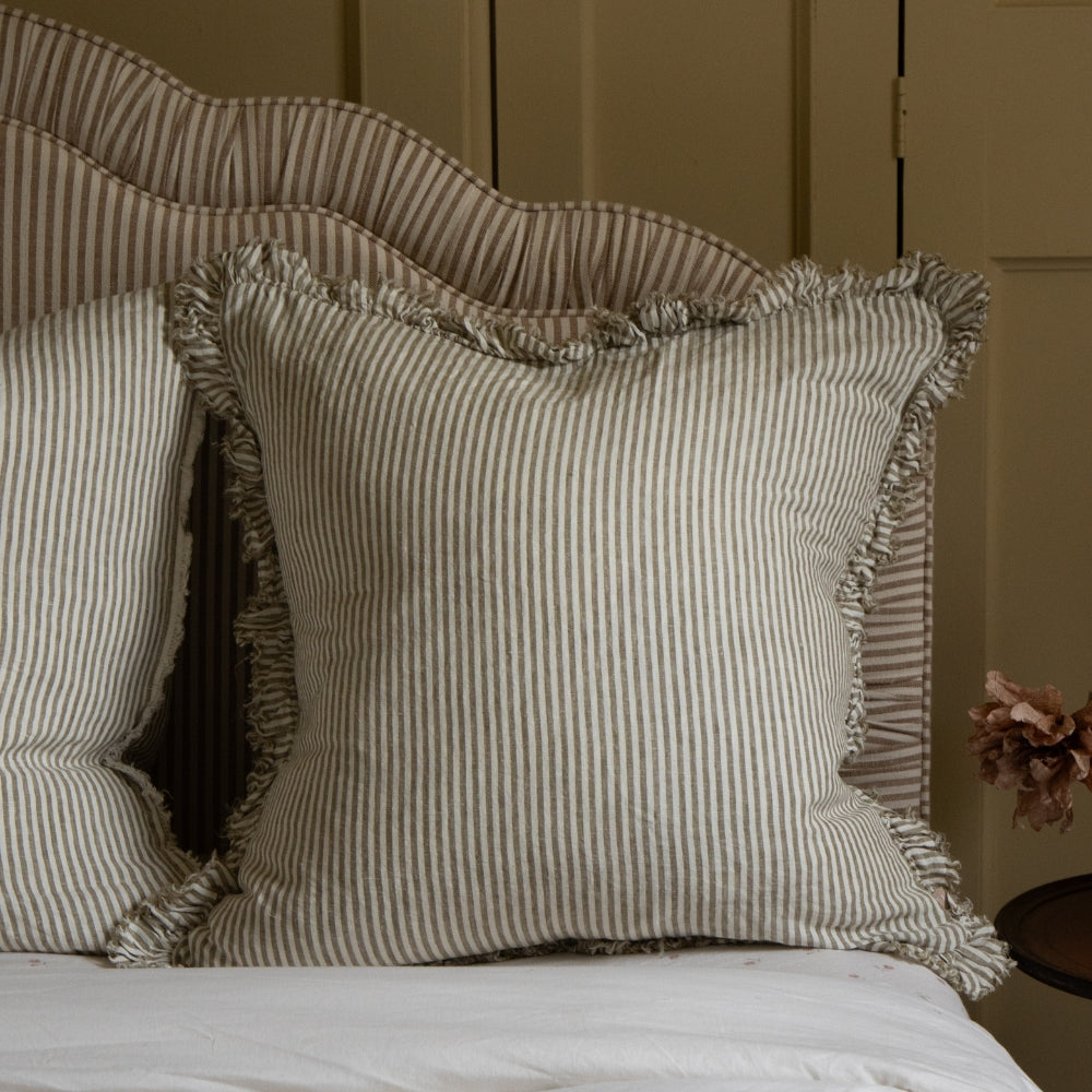 Hallie Olive Green Stripe Ruffle Cushion 65x65