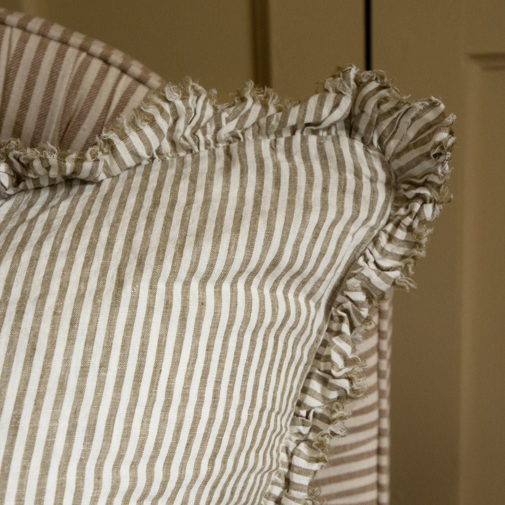 Hallie Olive Green Stripe Ruffle Cushion 65x65