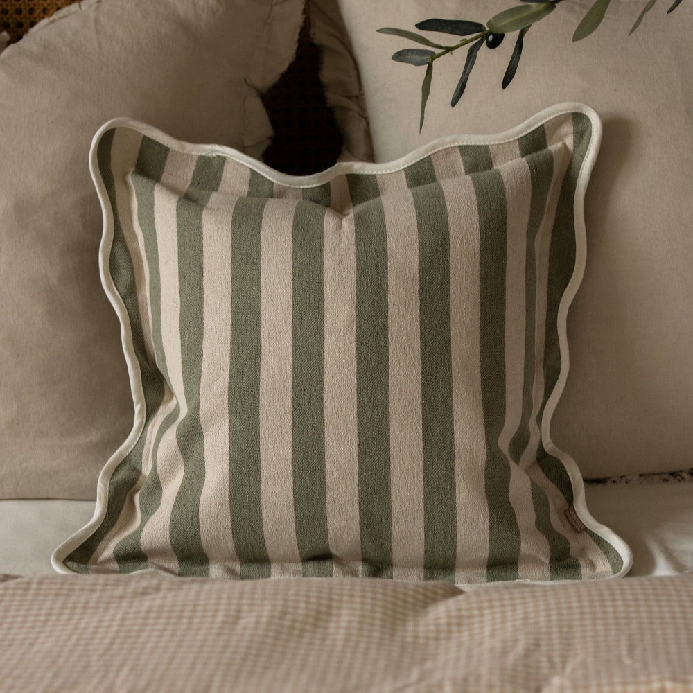 Chloe Sage Stripe Scalloped Edge Cushion 45x45