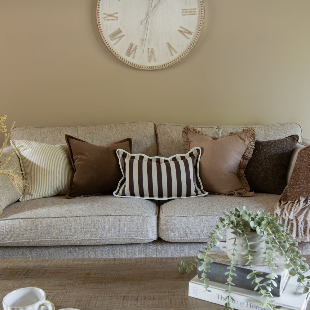 Chloe Dark Brown Stripe Scalloped Edge Cushion 50x30