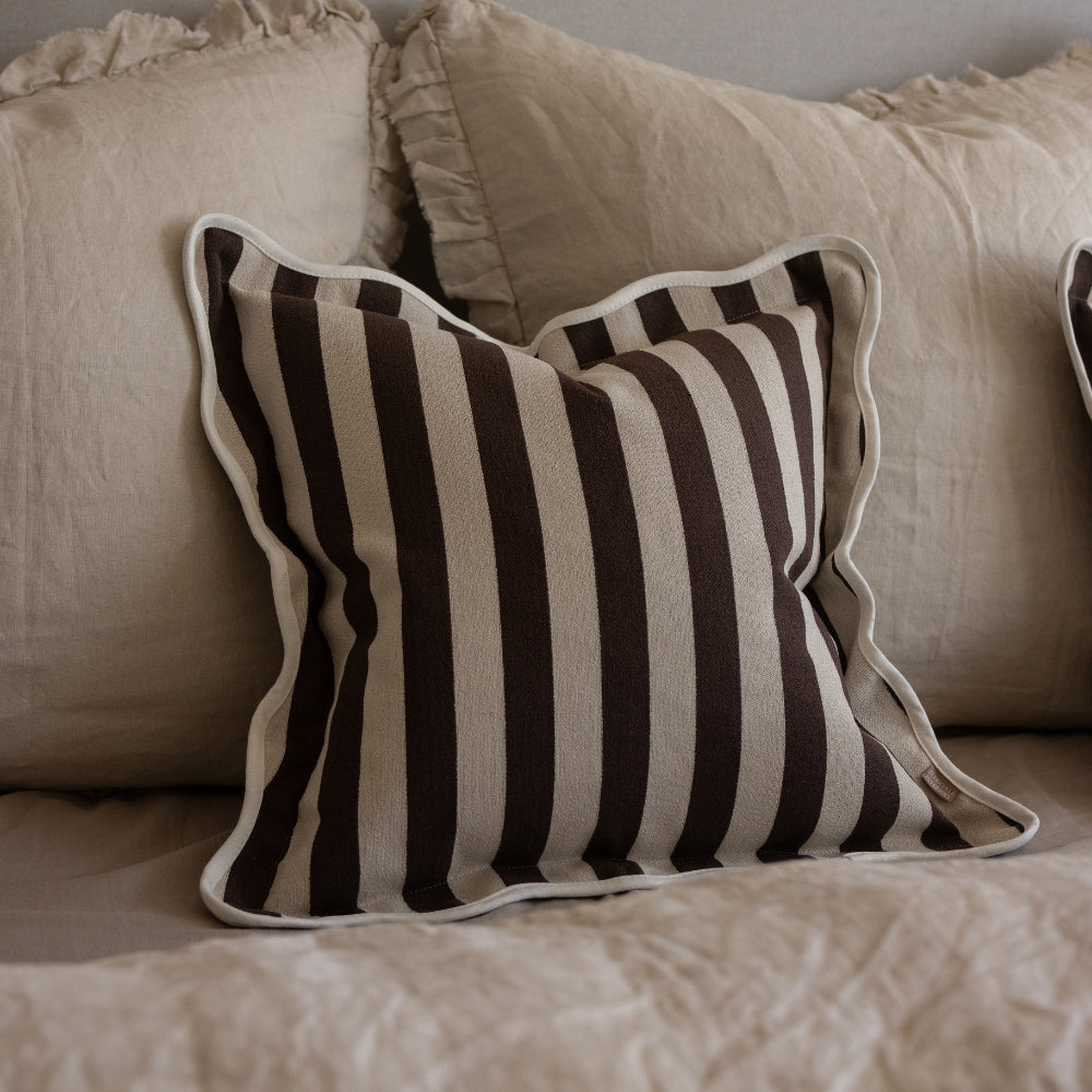 Chloe Dark Brown Stripe Scalloped Edge Cushion 45x45