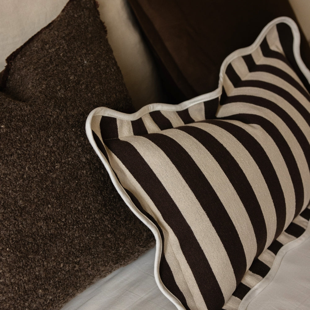 Chloe Dark Brown Stripe Scalloped Edge Cushion 50x30