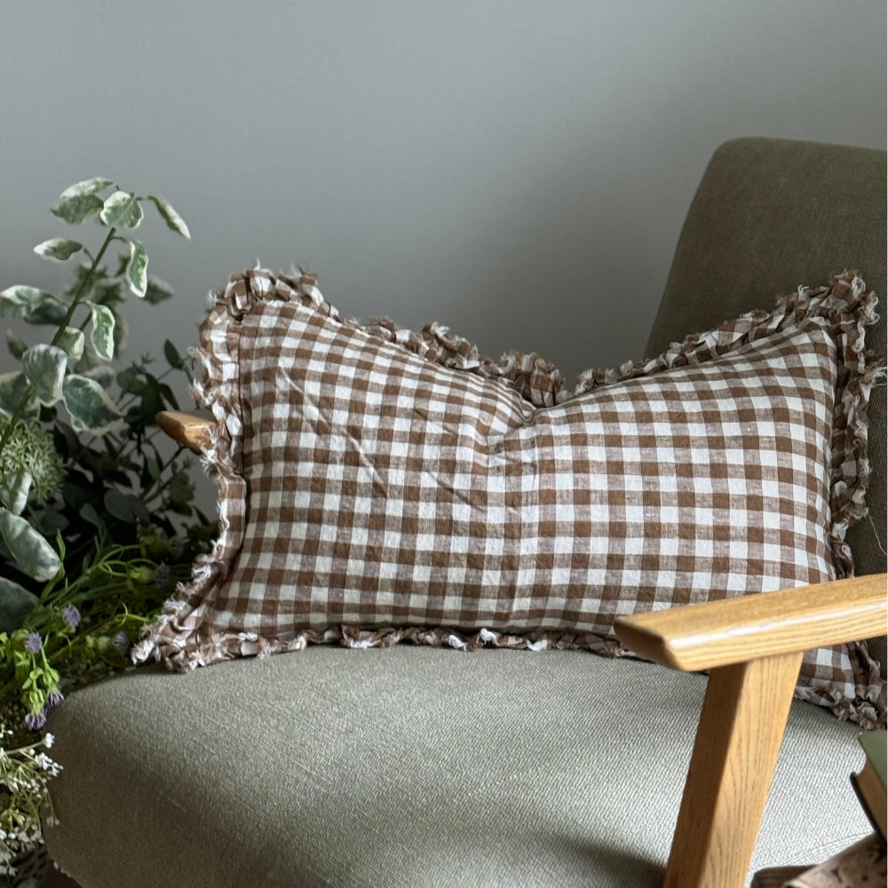 Hallie Brown Gingham Ruffle Cushion 50x30