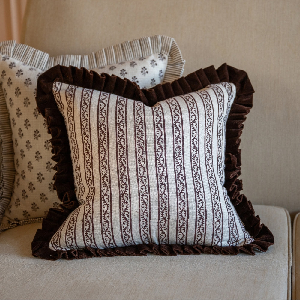 Ada Dark Brown Stripe Velvet Scalloped Edge Cushion 45x45