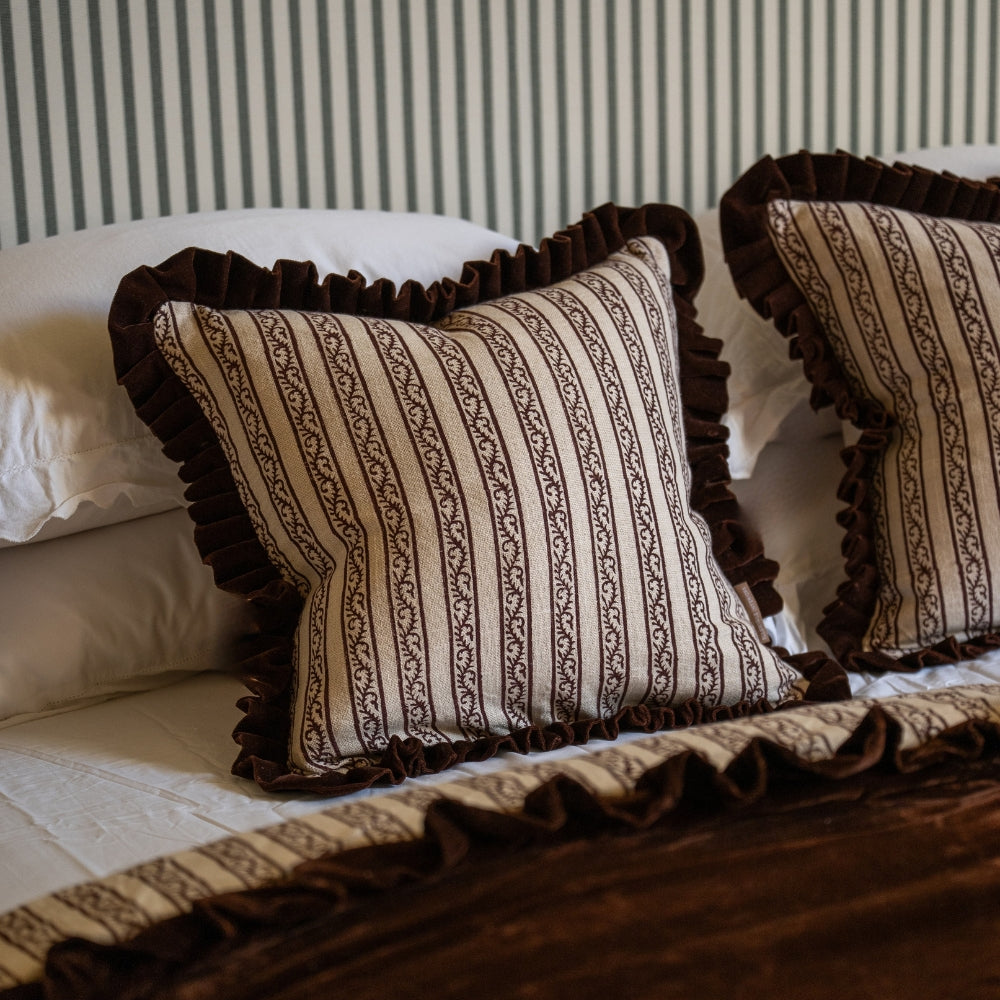 Ada Dark Brown Stripe Velvet Scalloped Edge Cushion 45x45