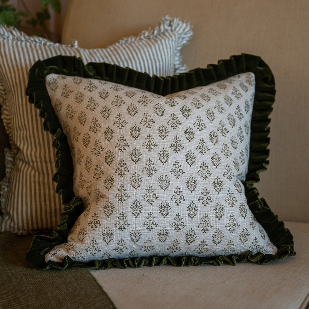 Ada Olive Print Velvet Scalloped Edge Cushion 45x45