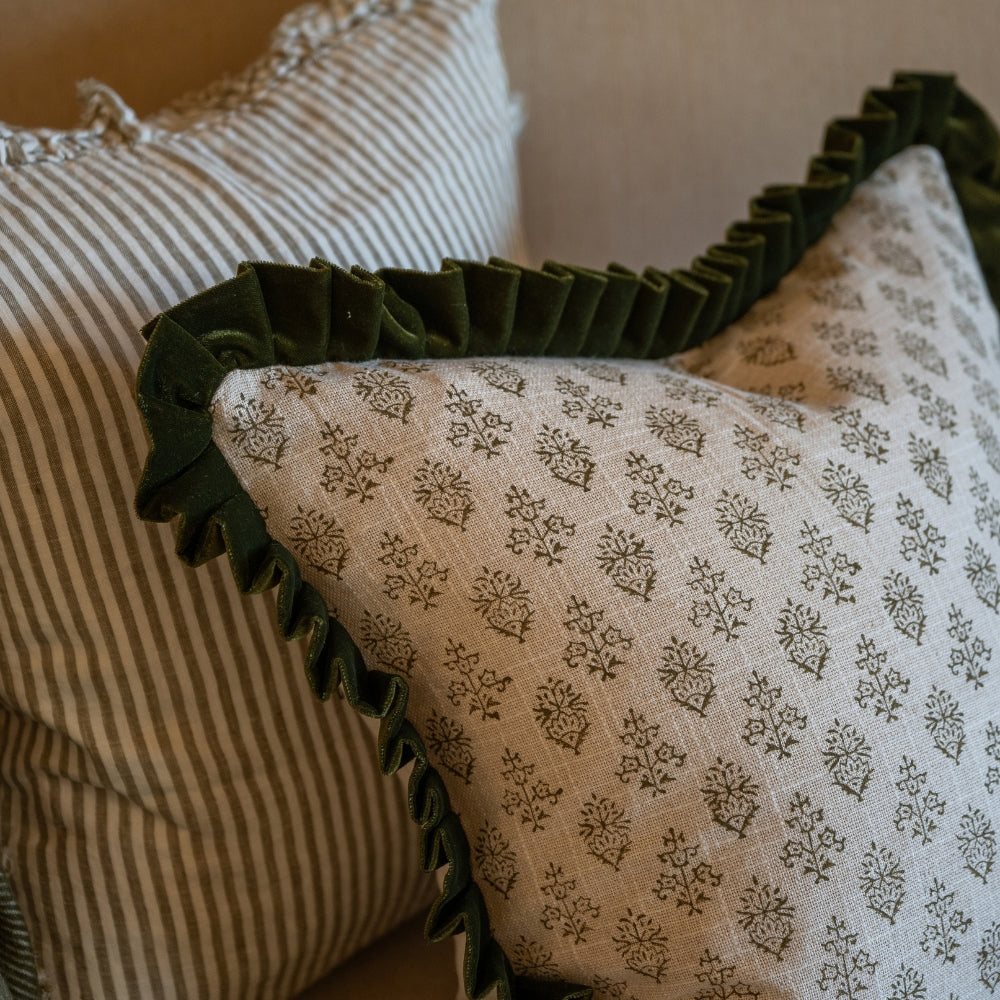 Ada Olive Print Velvet Scalloped Edge Cushion 45x45