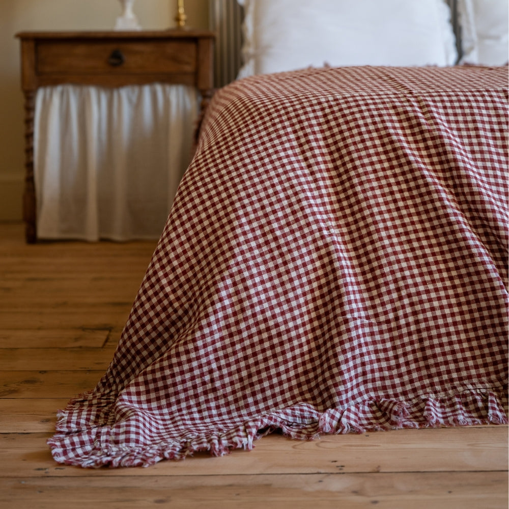 Burgundy Gingham Ruffle Linen Bedspread