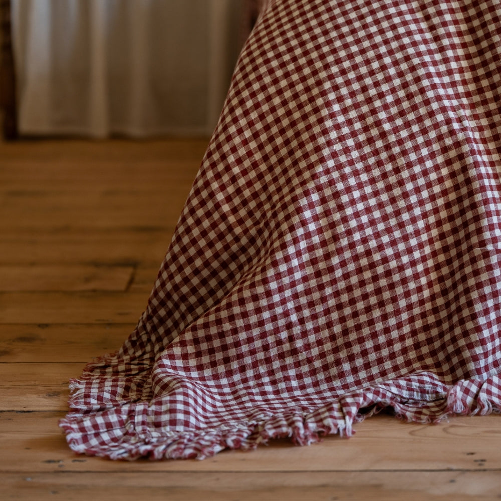 Burgundy Gingham Ruffle Linen Bedspread