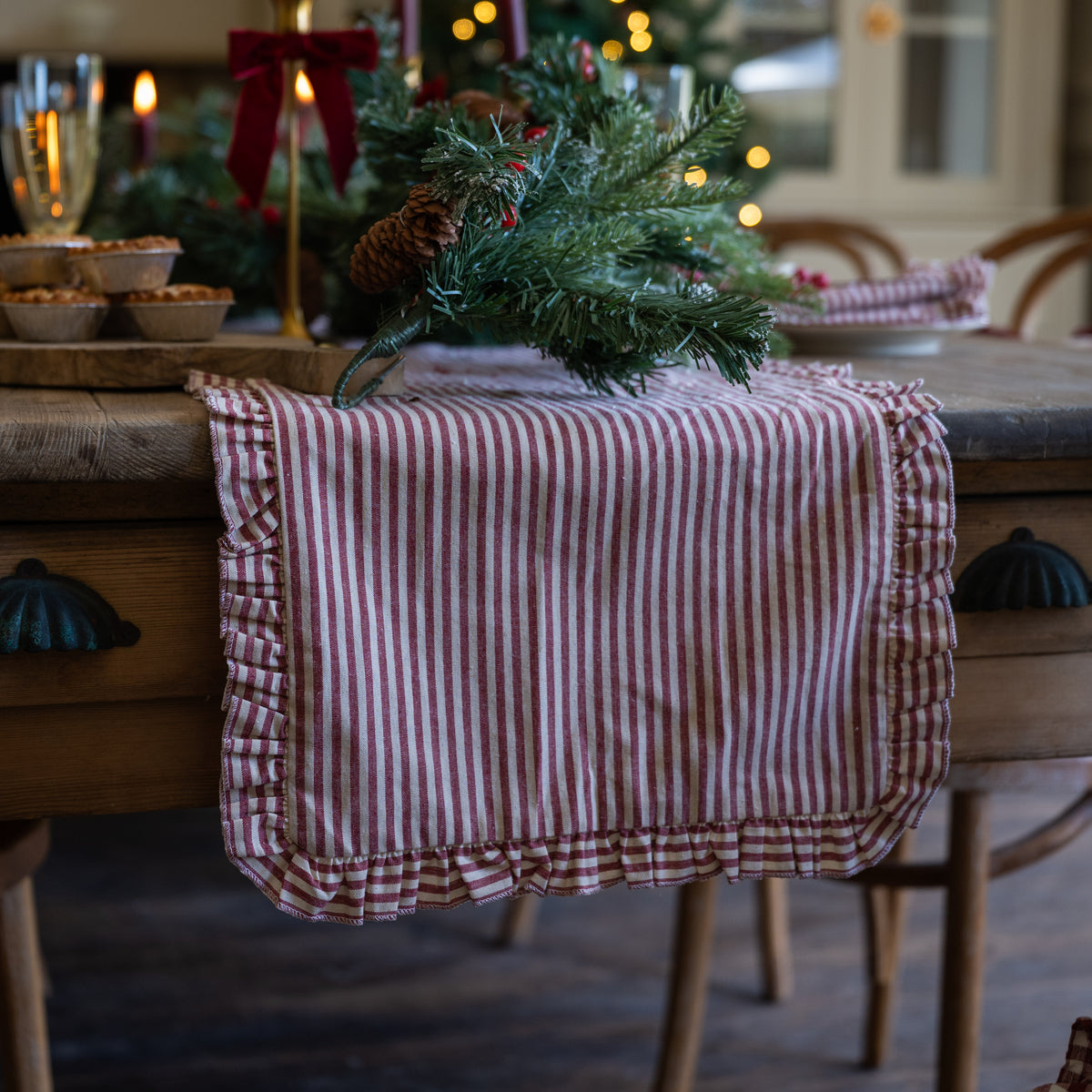Burgundy Stripe Ruffle Table Runner
