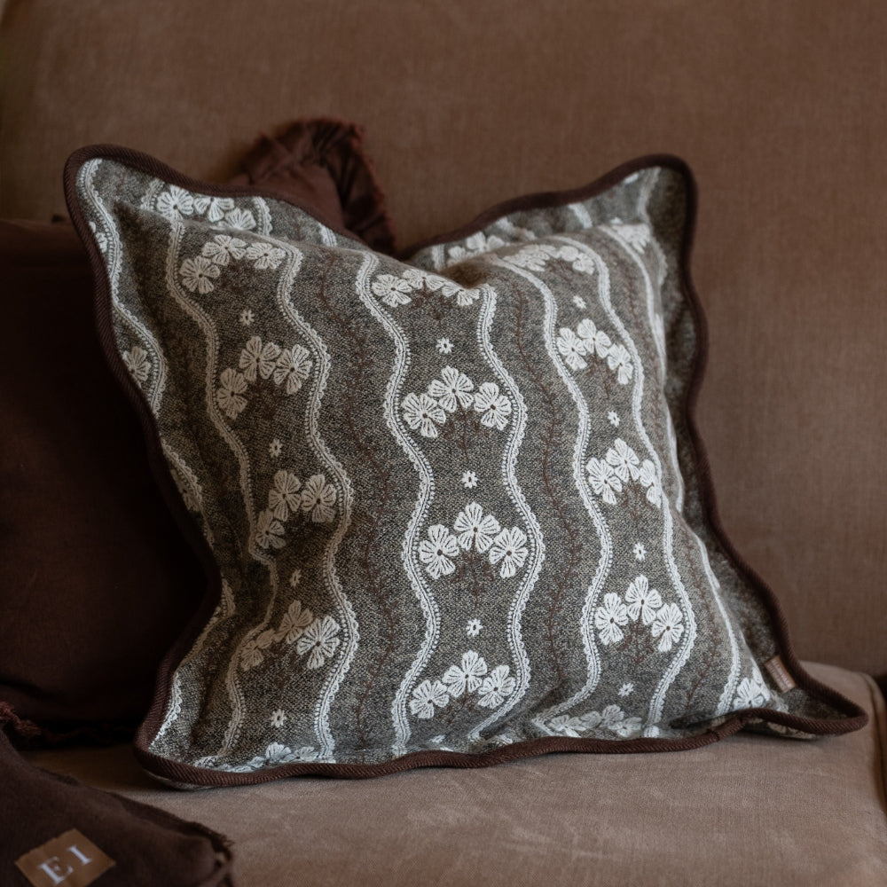 Chloe Brown Floral Print Scalloped Edge Cushion 45x45