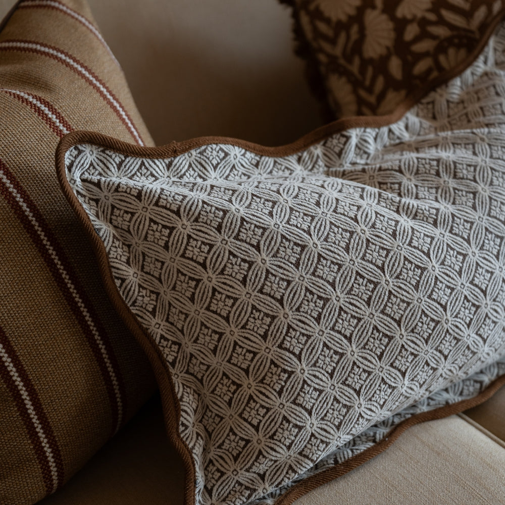 Chloe Brown Print Scalloped Edge Cushion 50x30