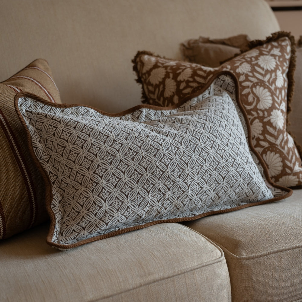 Chloe Brown Print Scalloped Edge Cushion 50x30