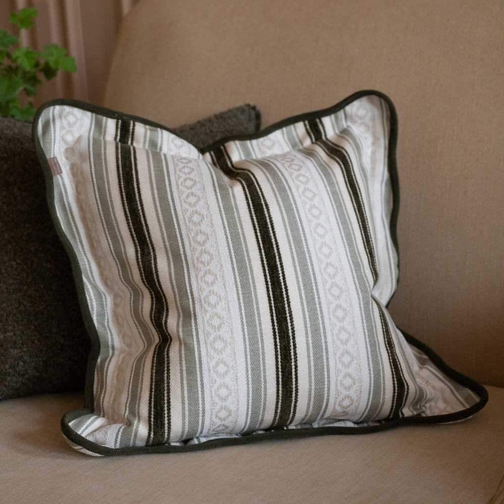 Chloe Olive & Sage Stripe Scalloped Edge Cushion 45x45