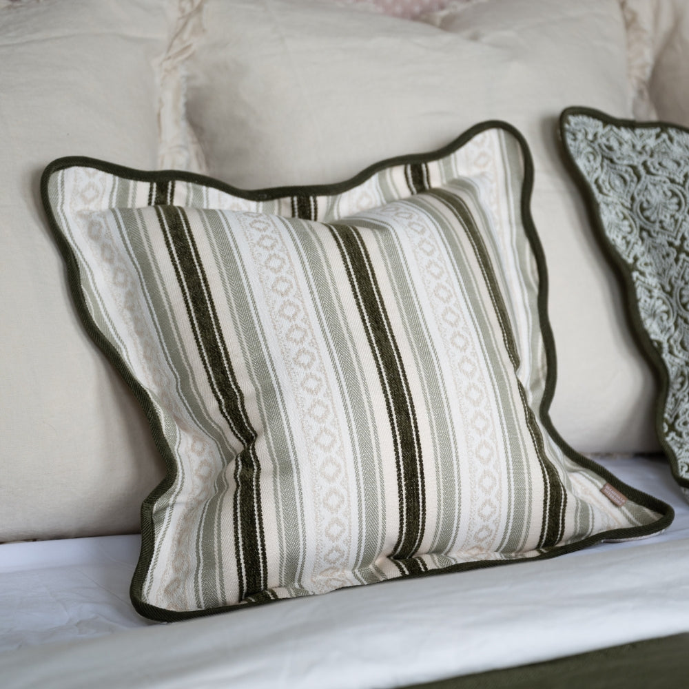 Chloe Olive & Sage Stripe Scalloped Edge Cushion 45x45