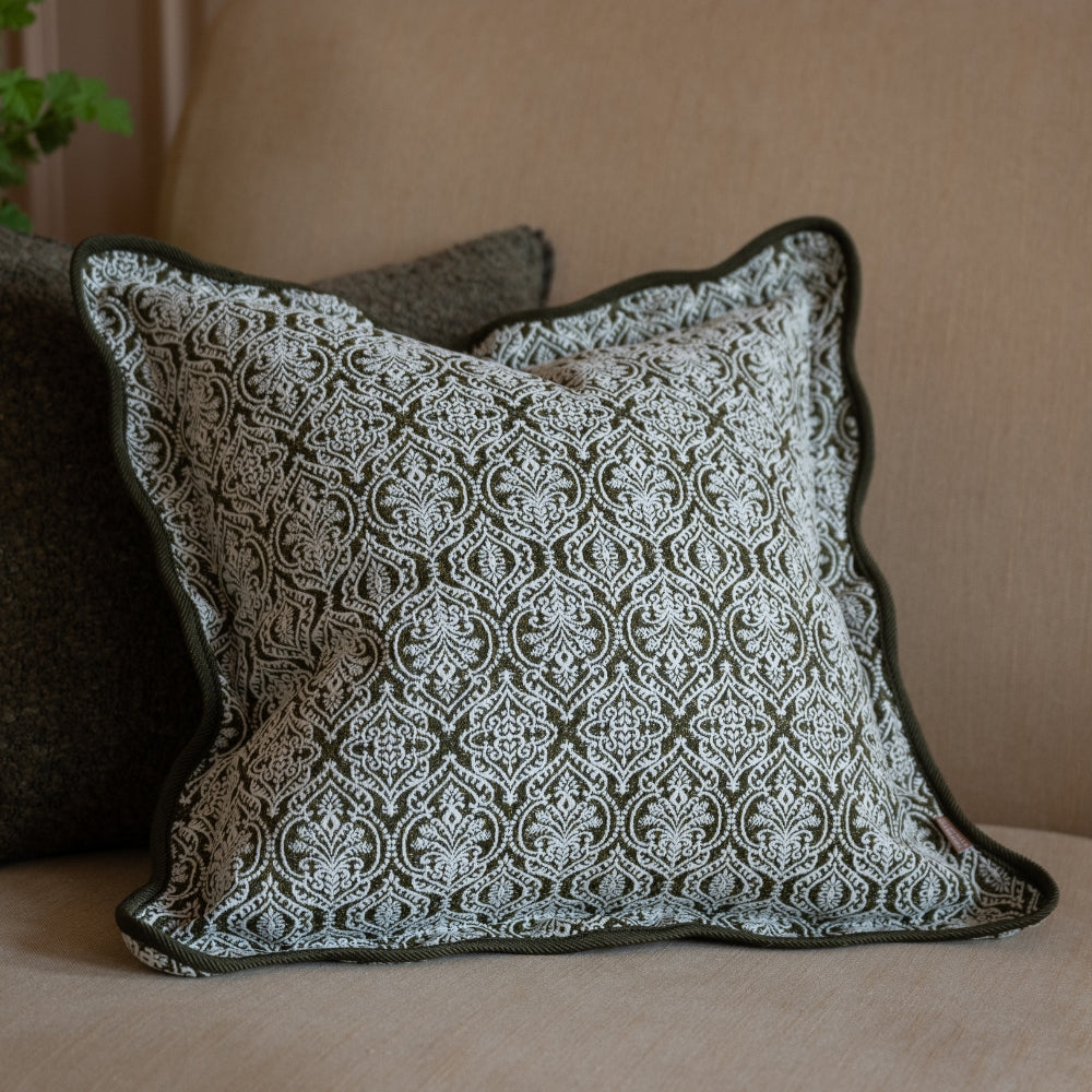 Chloe Olive Print Scalloped Edge Cushion 45x45