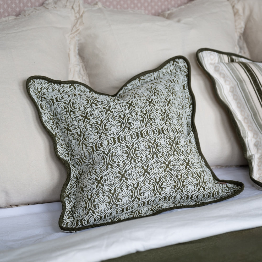 Chloe Olive Print Scalloped Edge Cushion 45x45