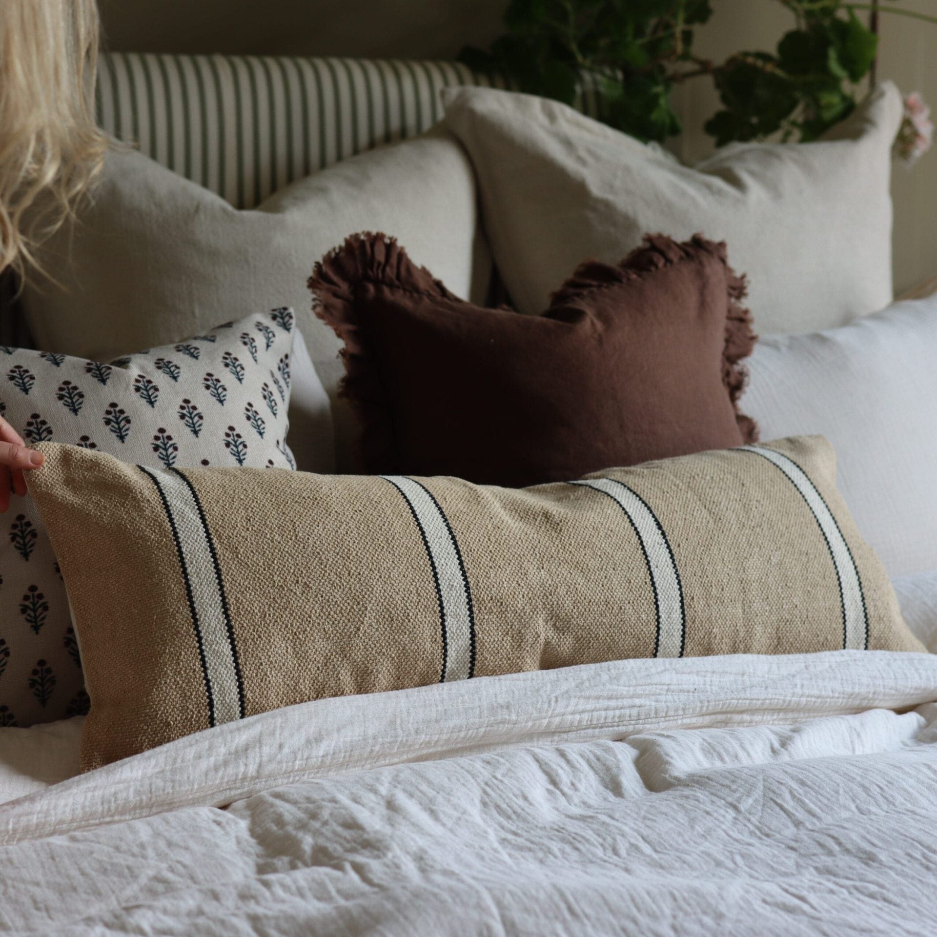 India Beige, Black & Cream Bolster Cushion 80x30