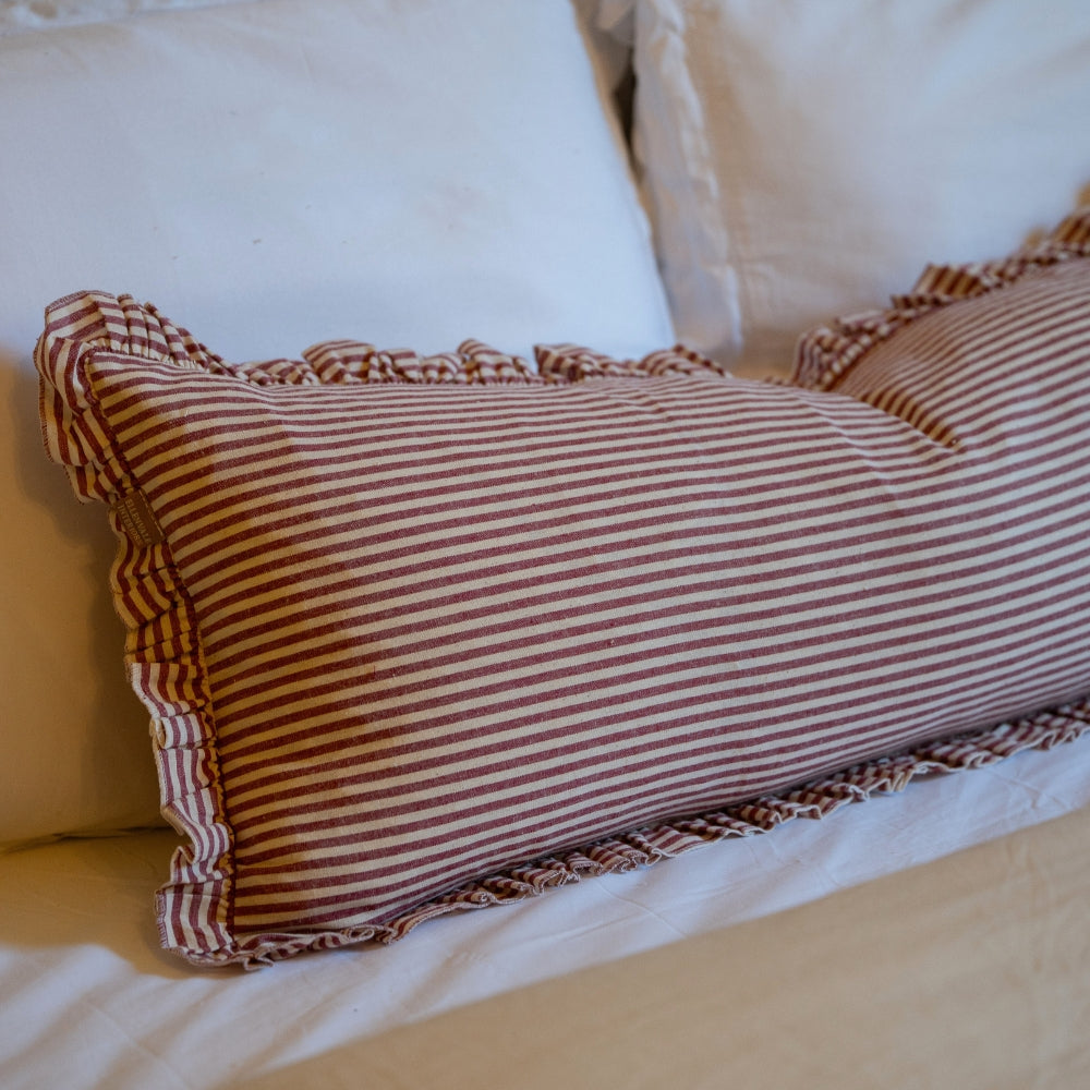 Darcy Burgundy Stripe Ruffle Edge Bolster Cushion 80x30