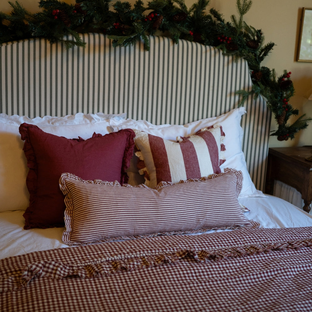 Darcy Burgundy Stripe Ruffle Edge Bolster Cushion 80x30