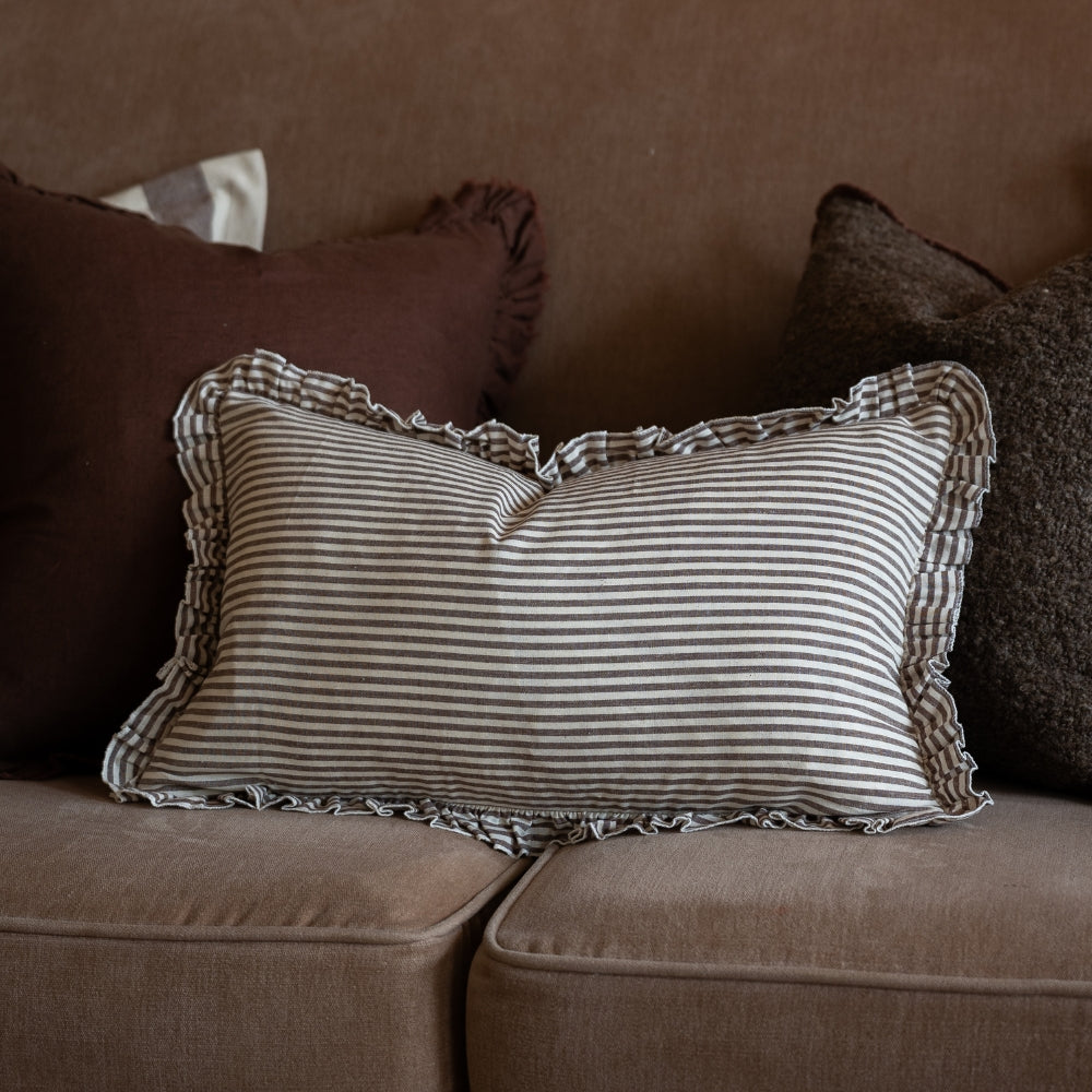 Darcy Dark Brown Stripe Ruffle Cushion 50x30