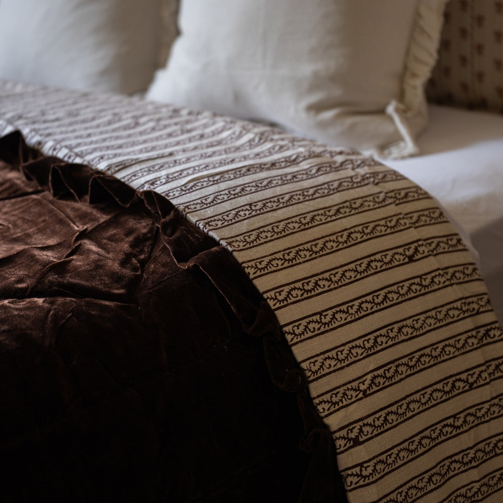 Dark Brown Velvet Printed Ruffle Bedspread
