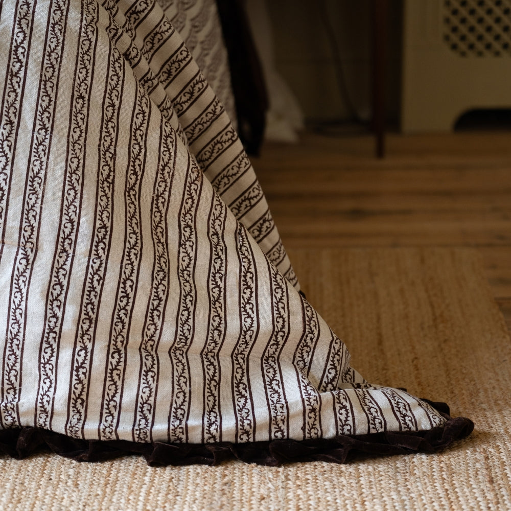Dark Brown Velvet Printed Ruffle Bedspread