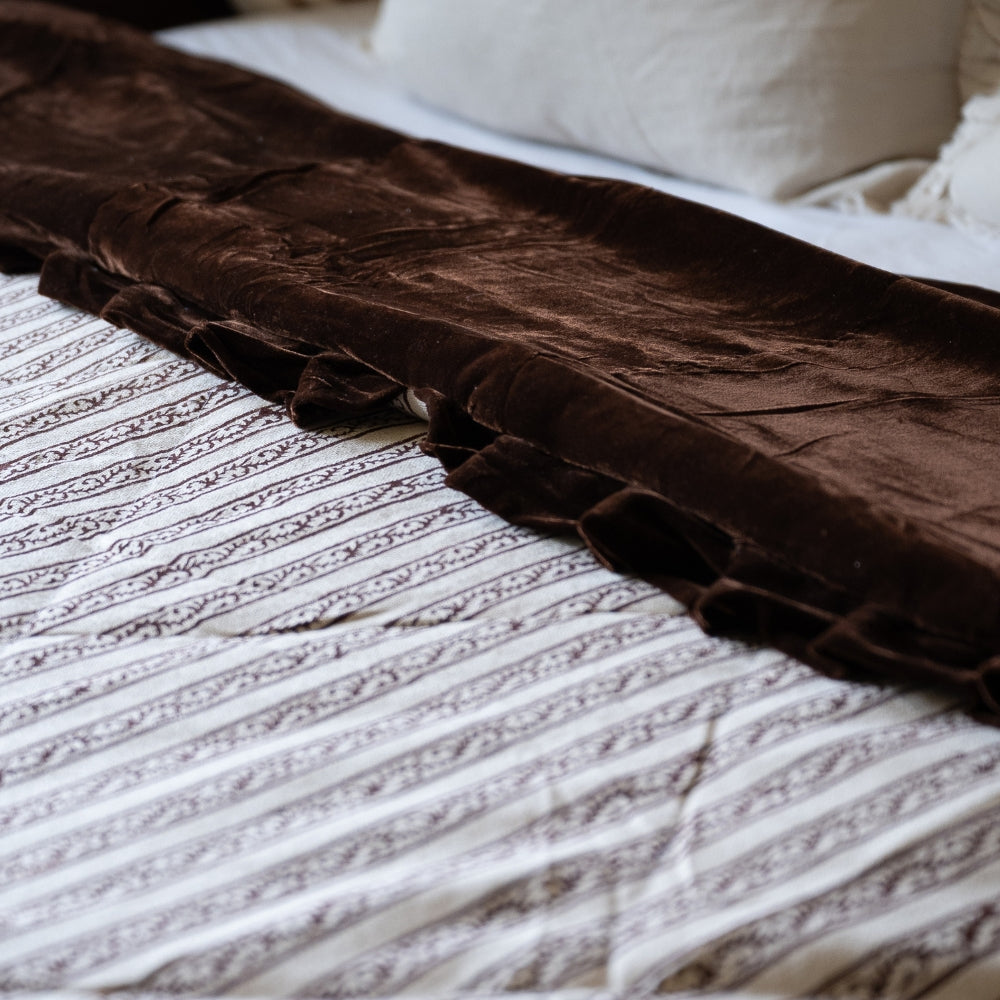Dark Brown Velvet Printed Ruffle Bedspread