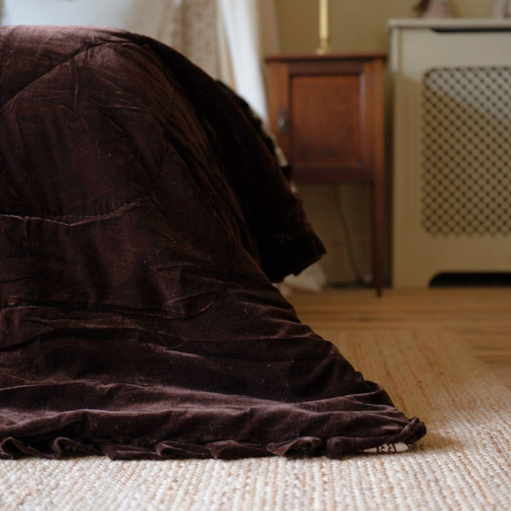 Dark Brown Velvet Printed Ruffle Bedspread