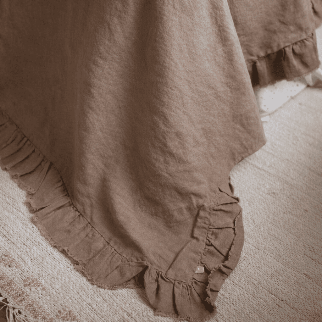 Coffee Brown Ruffle Linen Bedspread